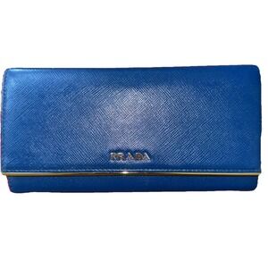 PRADA Saffiano Long Wallet Bifold Blue Gold Hardware Leather Womens Authentic